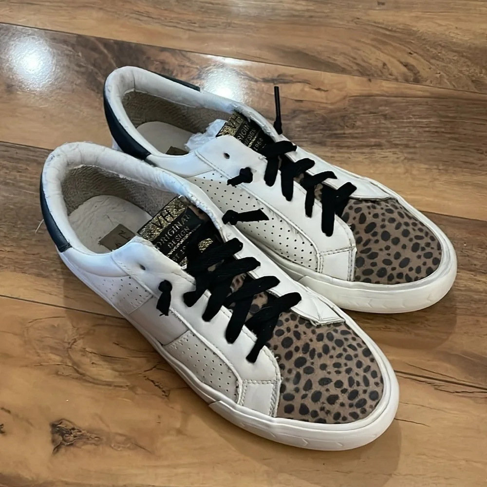 Vintage Havana White Leather Sneaker Leopard Print Gold Sides Black Laces sz 8